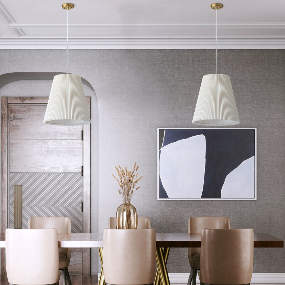 Modern Brass Pendant Lighting With Off-White Pleated Fabric Shade