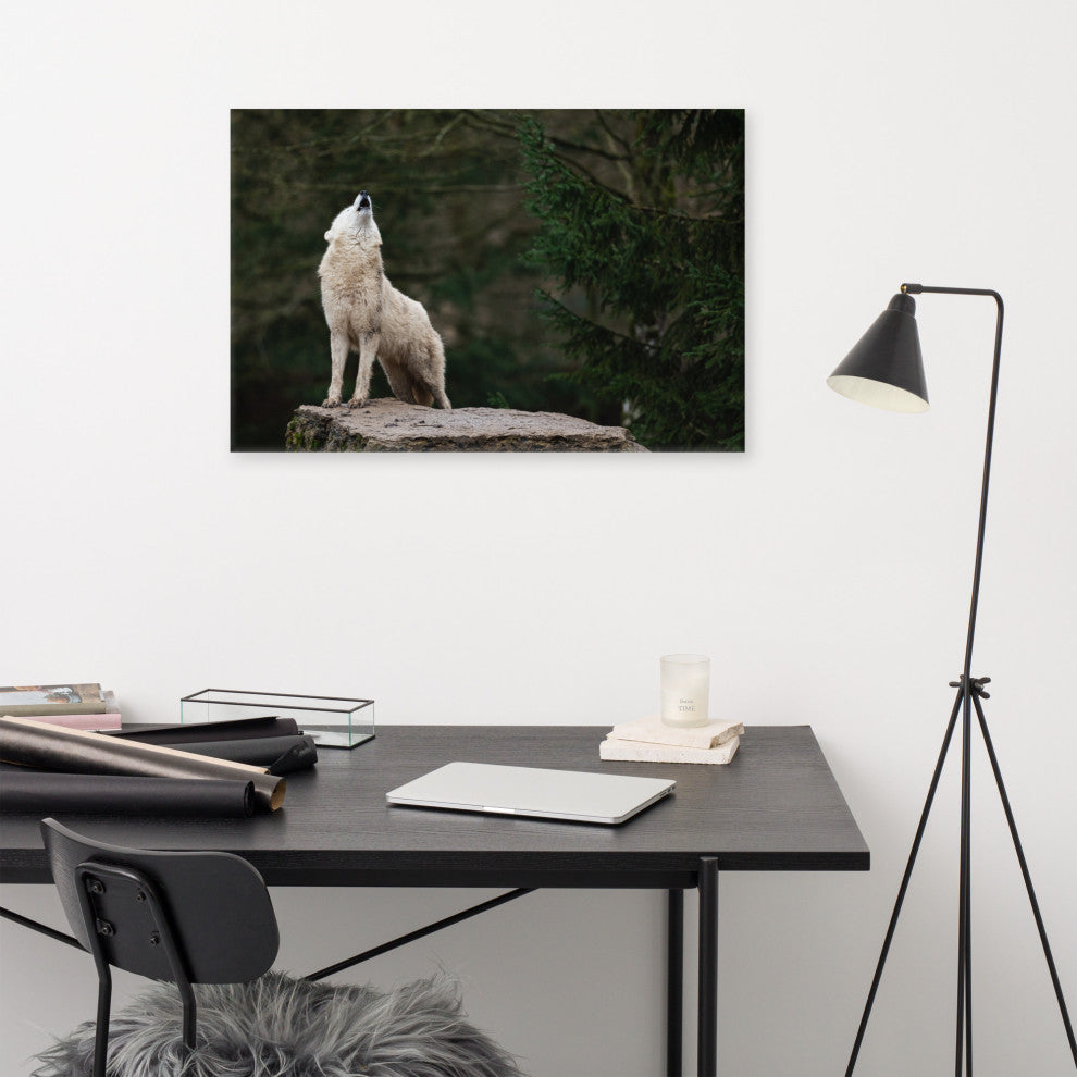 Howling White Wolf In The Forest Wildlife Photograph Canvas Wall Art Print, 24" X 36"