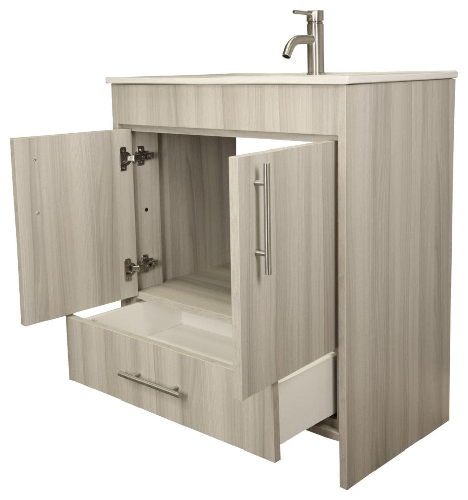 Pacific 30" Vanity With Integrated Ceramic Top and Brushed Nickel Handles, Ash G