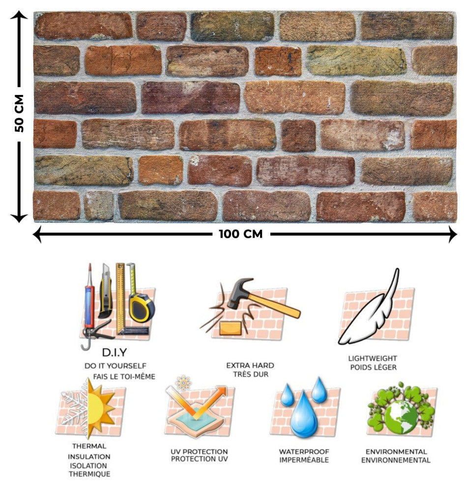 Faux Face Brick 3D Wall Panels, Brown Beige, Set of 10, Covers 53 sq ft