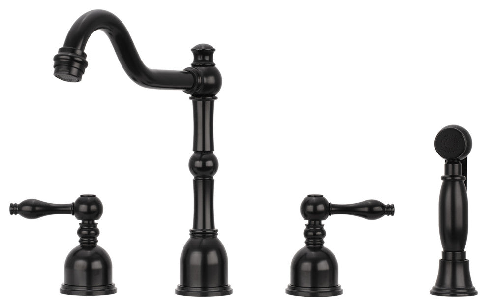 Two-Handles Copper Widespread Kitchen Faucet with Side Sprayer, Matte Black