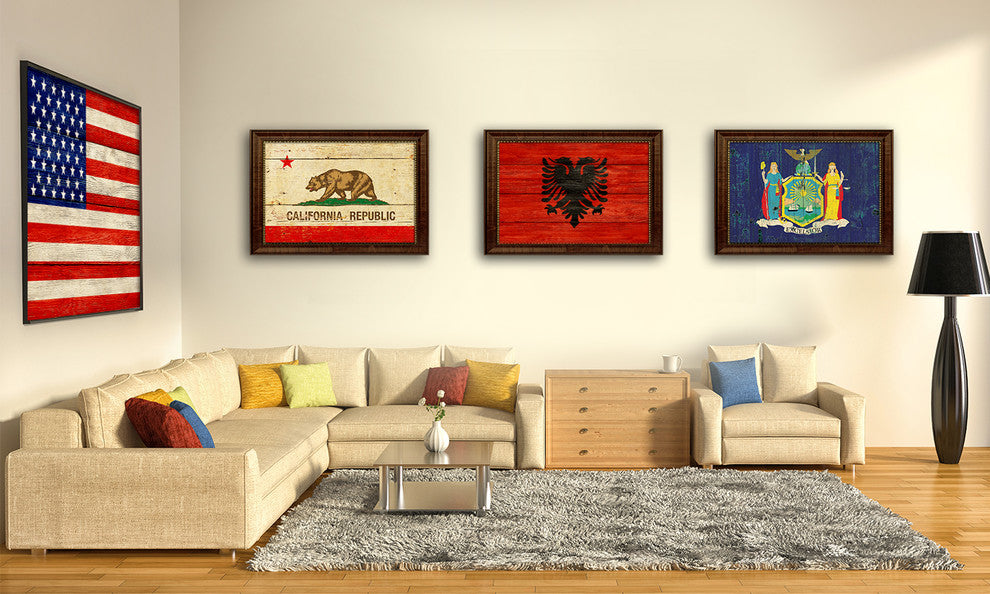 Albania Country Textured Flag Print With Brown Gold Frame, 15"X21"