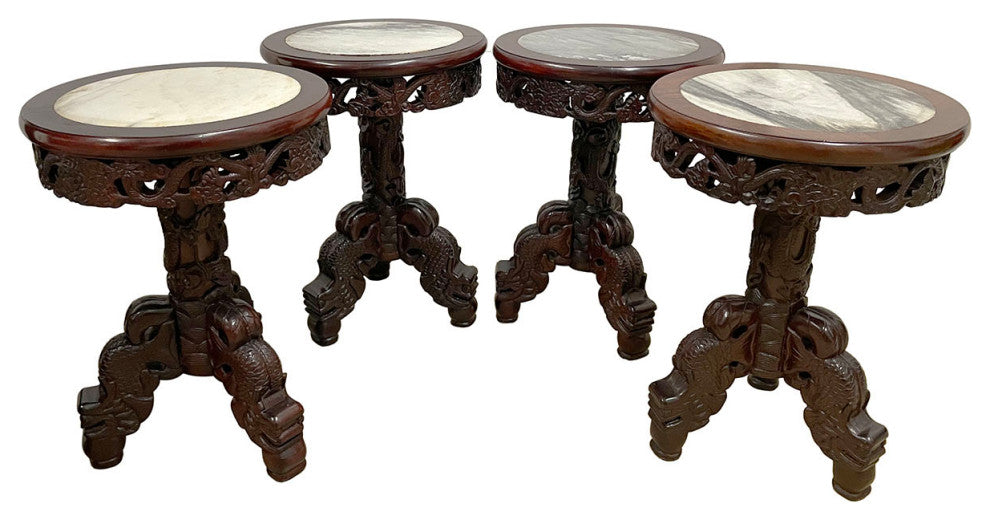Consigned 20 Century Chinese Marble Top Hardwood Carved Round Dinning Table set