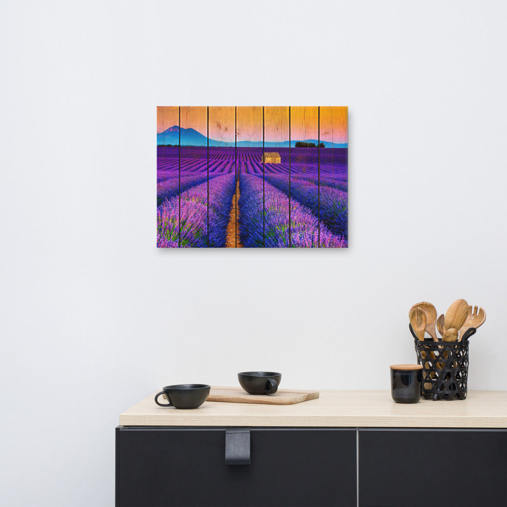 Faux Wood Lavender Fields and Sunset Landscape Canvas Prints, 18" X 24"