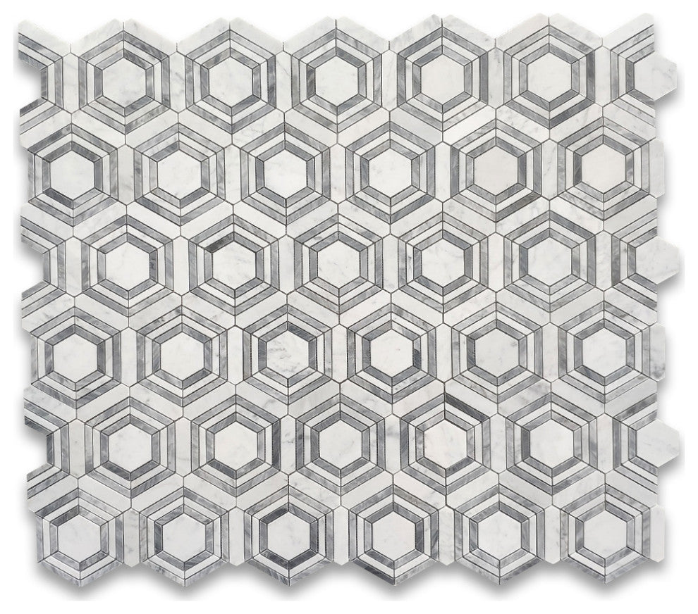 Carrara White Bardiglio Marble Hexagon Georama Geometric Tile Polished, 1 sheet