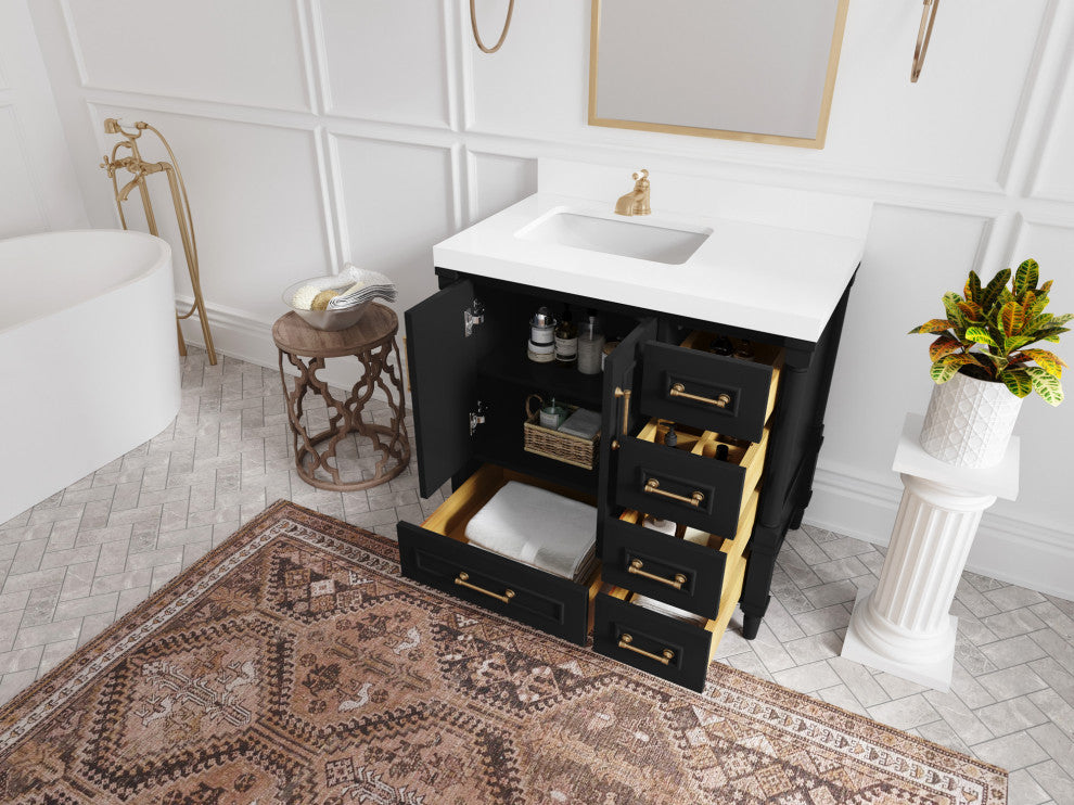 Aberdeen 36 Left Offset Bath Vanity in Black 2" Carrara Quartz