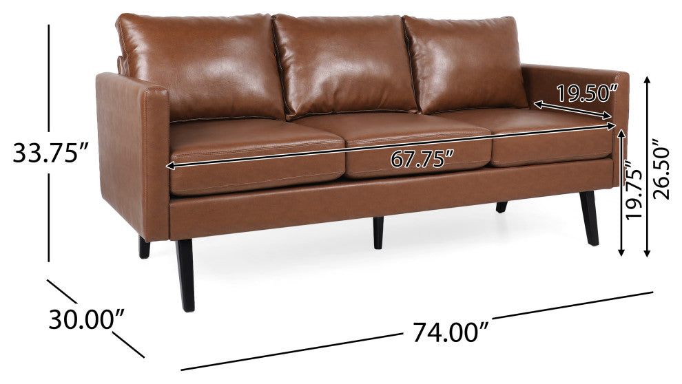 Dowd Mid Century Modern Faux Leather 3 Seater Sofa, Cognac Brown/Dark Brown