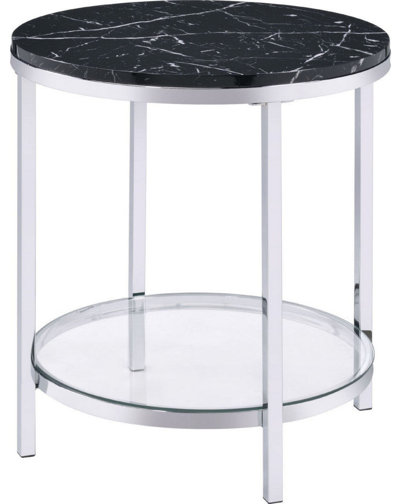 Benzara BM250265 End Table With Round Faux Marble Top and Glass Shelf, Black