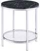 Benzara BM250265 End Table With Round Faux Marble Top and Glass Shelf, Black