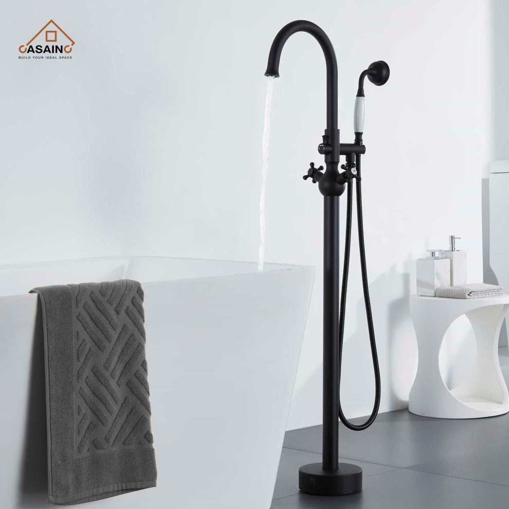 Freestanding Bathtub Faucet Hand Shower Vintage Floor-Mount Tub Faucet 2-Handle