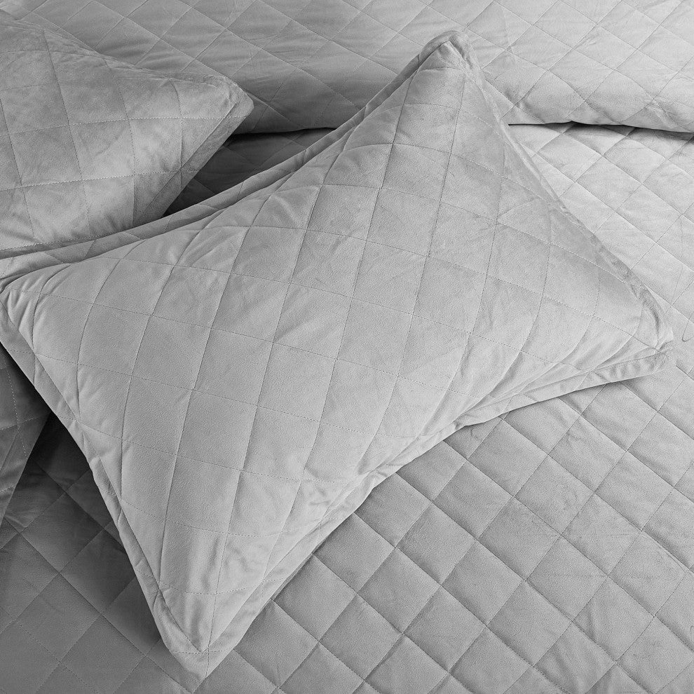 Velvet Quilted 5 Piece Bed Spread Set, Silver, Over-Sized King 122" X 106"