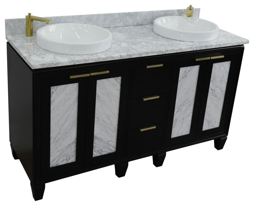 61" Double Sink Vanity, Black Finish With White Carrara Marble And Rou