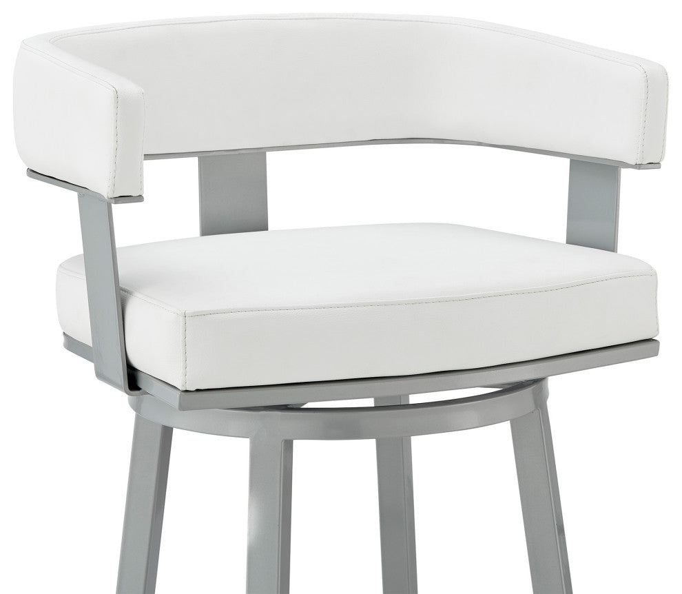 Lorin Counter Height Swivel Bar Stool, Black Finish and Black Faux Leather, Silver/White, Counter Height
