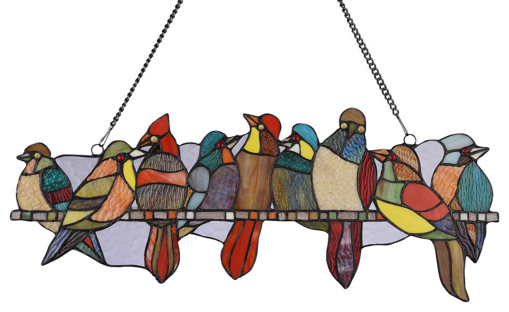 CHLOE Lighting Birds On A Vine Tiffany-Style Animal Design Window Panel 24"x10"