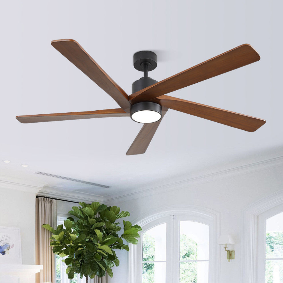 64" 5-Blade LED Ceiling Fan With Light Kit and Remote Control, Black/Walnut
