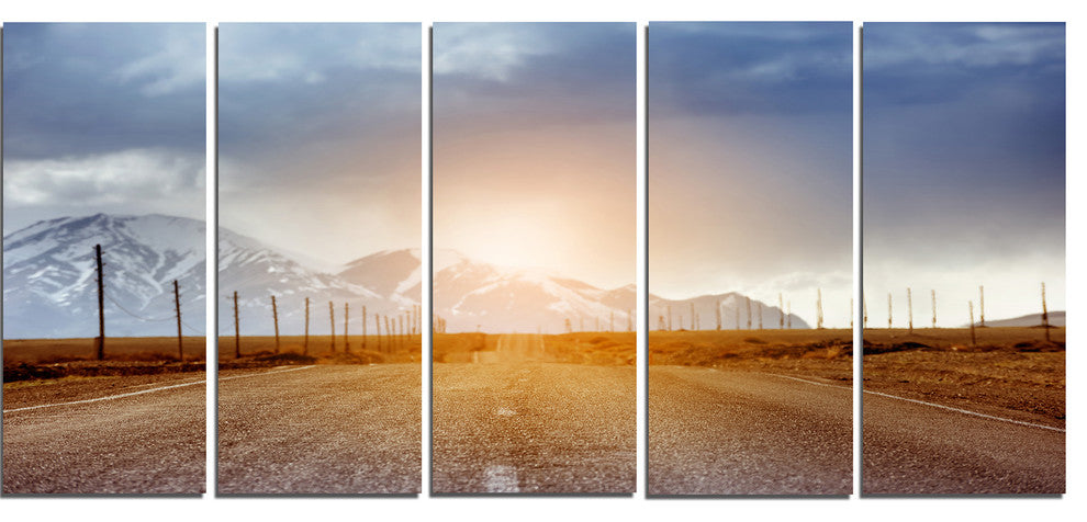 Straight Road under Blue Sky, Large Landscape Canvas Art, 60"x28", 5 Panels
