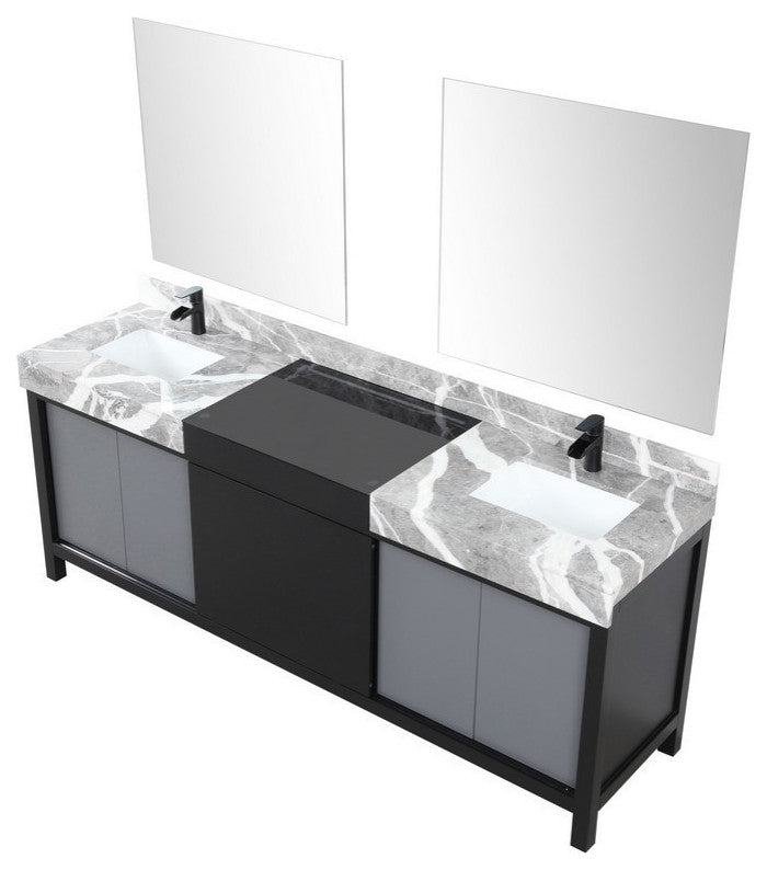 Zilara Black and Grey 84" Double Vanity Set, Cascata Nera Matte Black Faucet Set