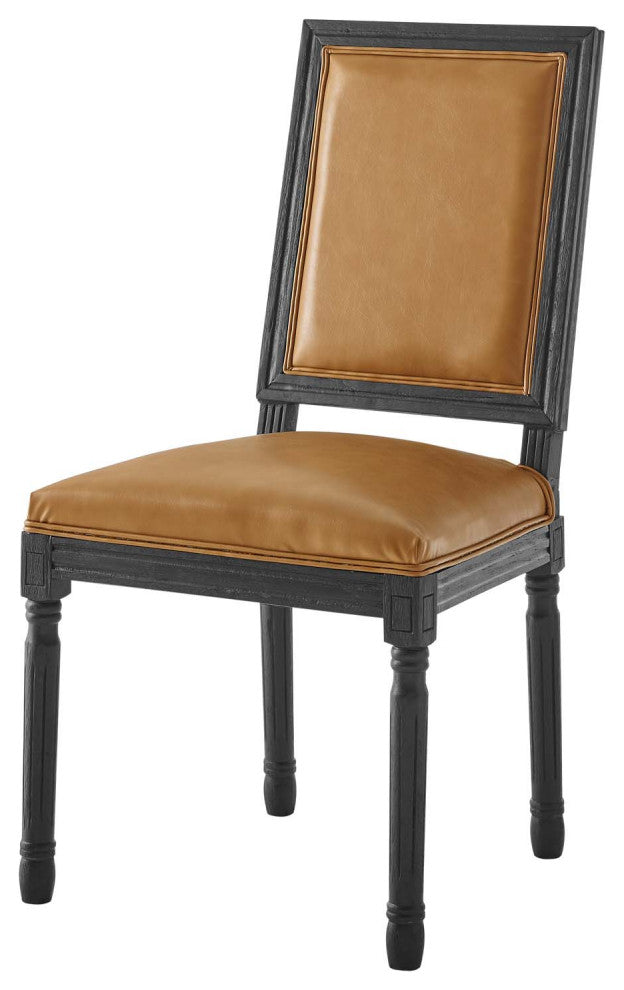 French Vintage Side Dining Chair, Faux Vegan Leather, Wood, Black Tan, Modern
