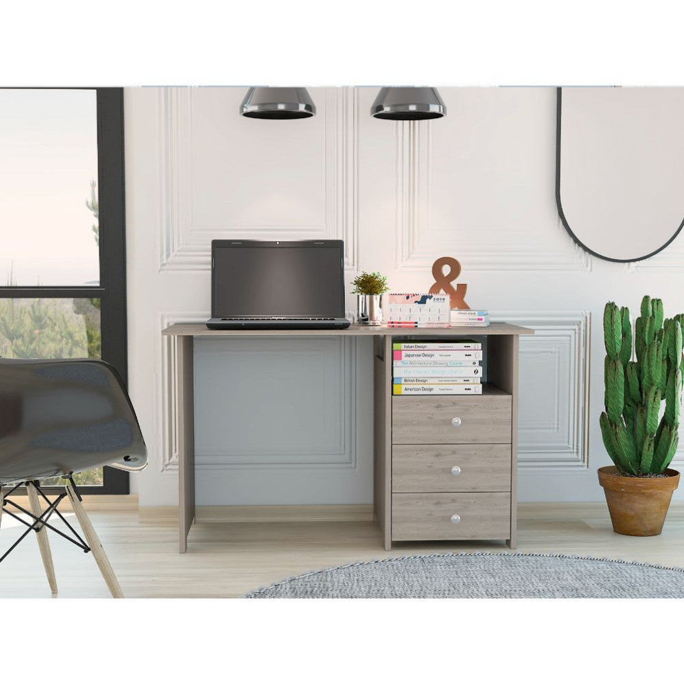 Antara Computer Desk with 3 Drawers, Open Shelf, Legs and Handles, Light Gray
