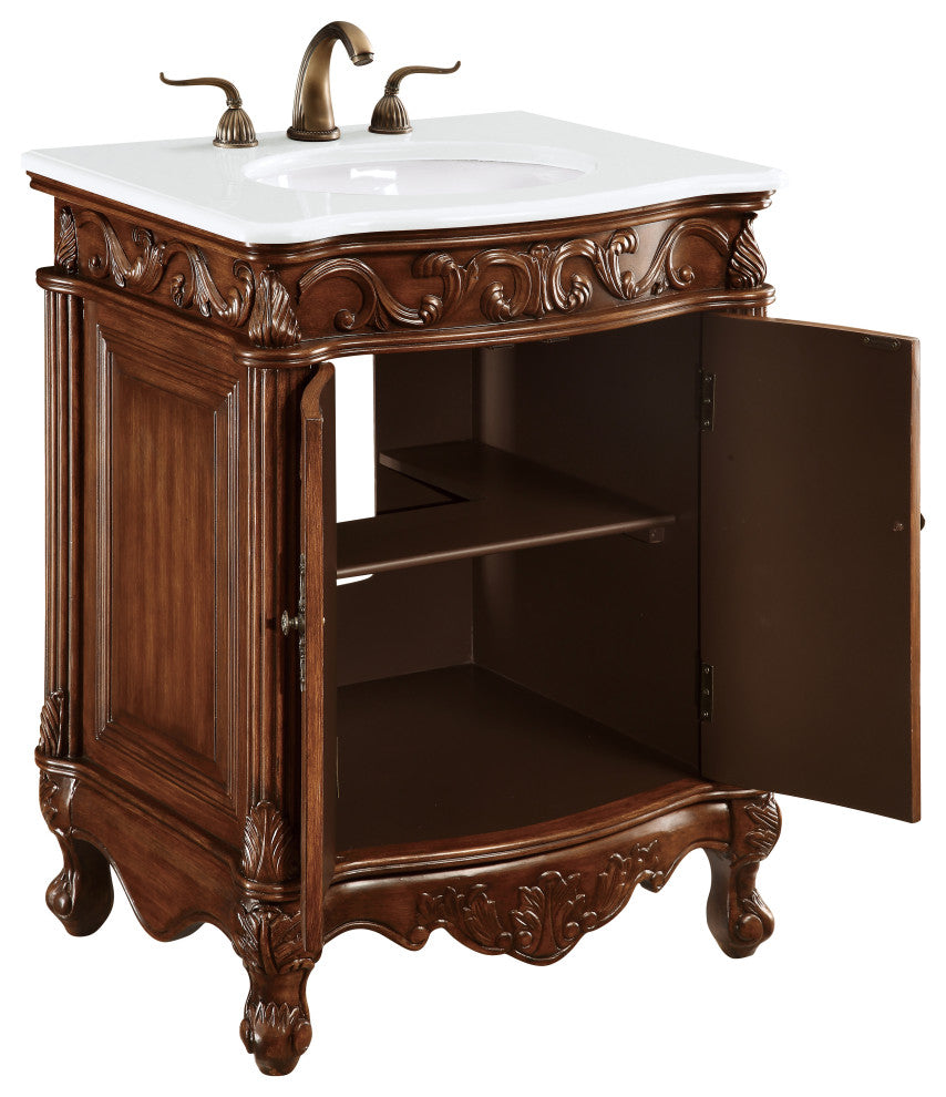 27" Single Bathroom Vanity, Antique Beige With ivory white engineered marble, Teak, Ivory White Engineered Marble Top