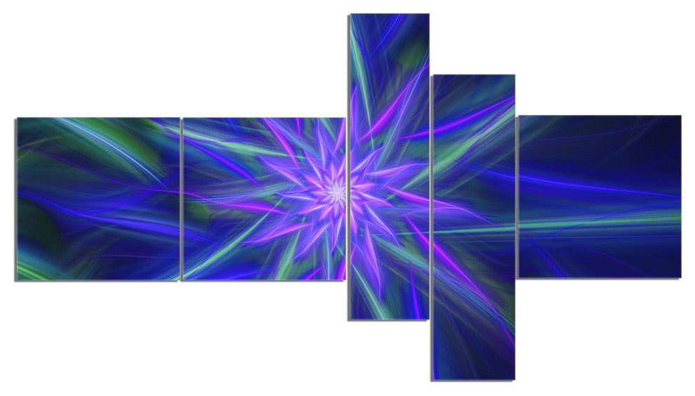Shining Blue Exotic Fractal Flower, Floral Canvas Art Print, 60"x32", 5 panels