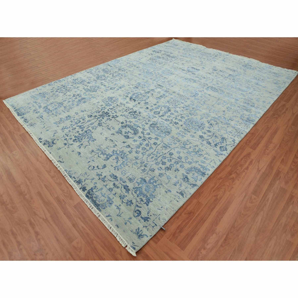 Silver Persian Erased Vase Design Wool and Silk Hand Knotted Rug, 10'0"x13'8"