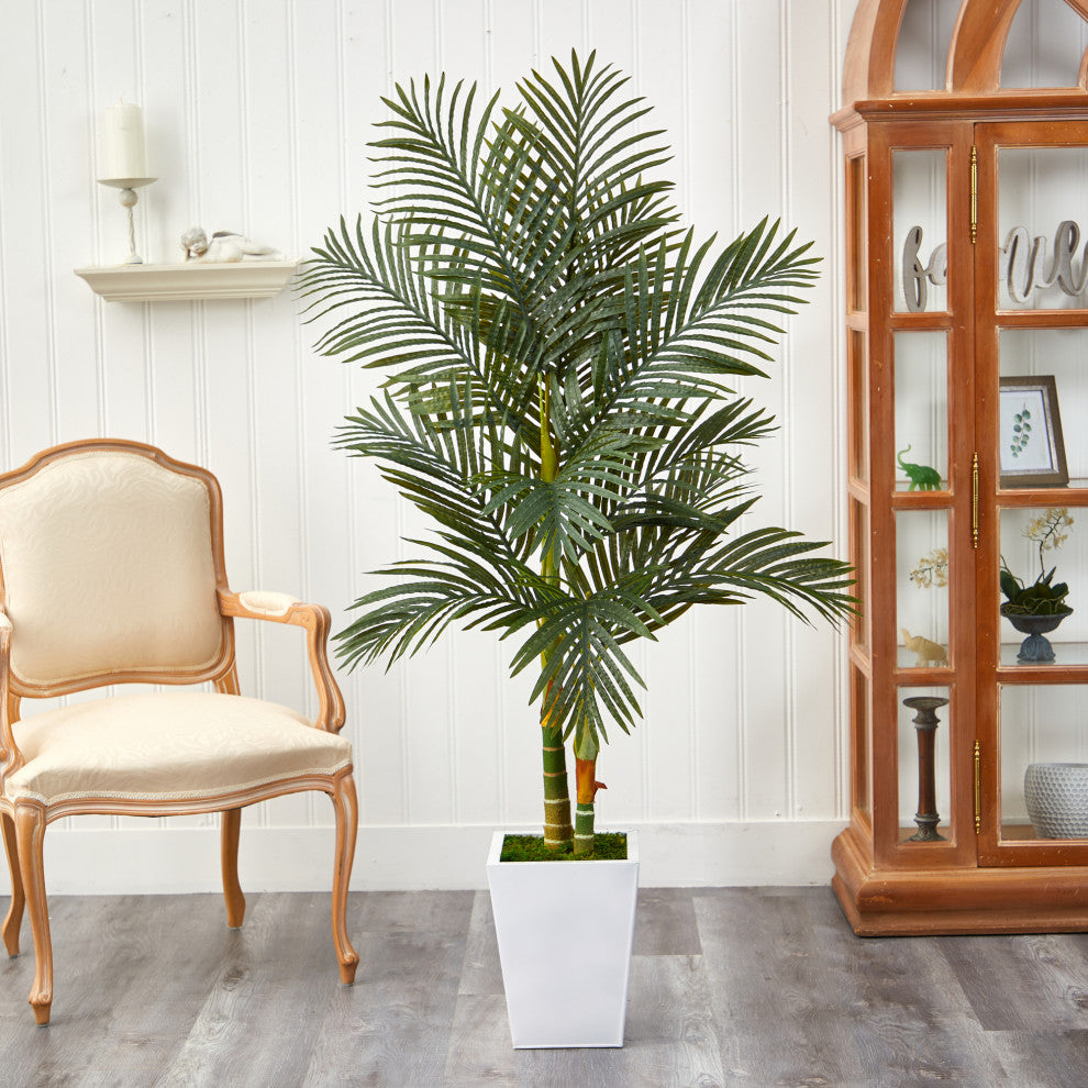 5.5' Golden Cane Artificial Palm Tree, White Metal Planter