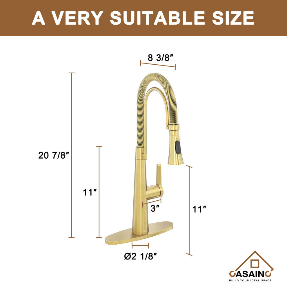 Single-Handle Spring Neck Standard Kitchen Faucet with Dual-Function, Brushed Gold