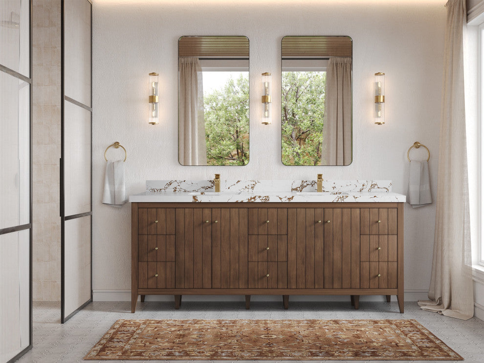 Atlanta Teak 84" Double Sink Bath Vanity, Dark Natural 2" Viola Brown