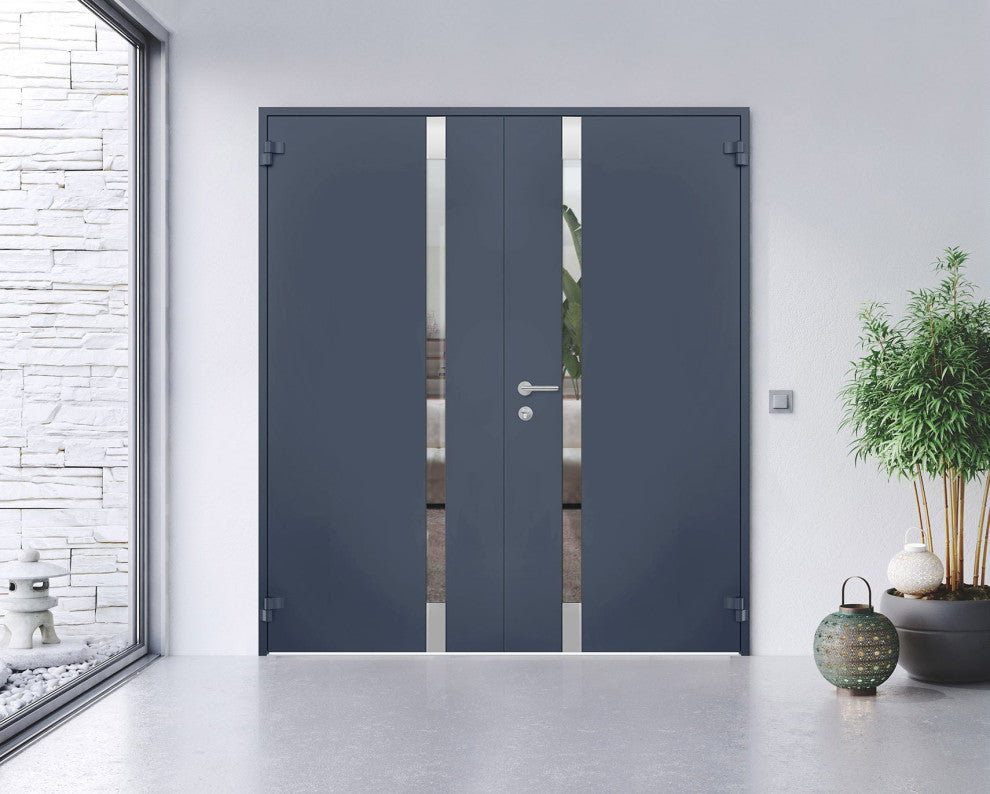 Front Exterior Prehung Steel Double Doors Cynex 6777 Grey -W72 x H80-LH-I