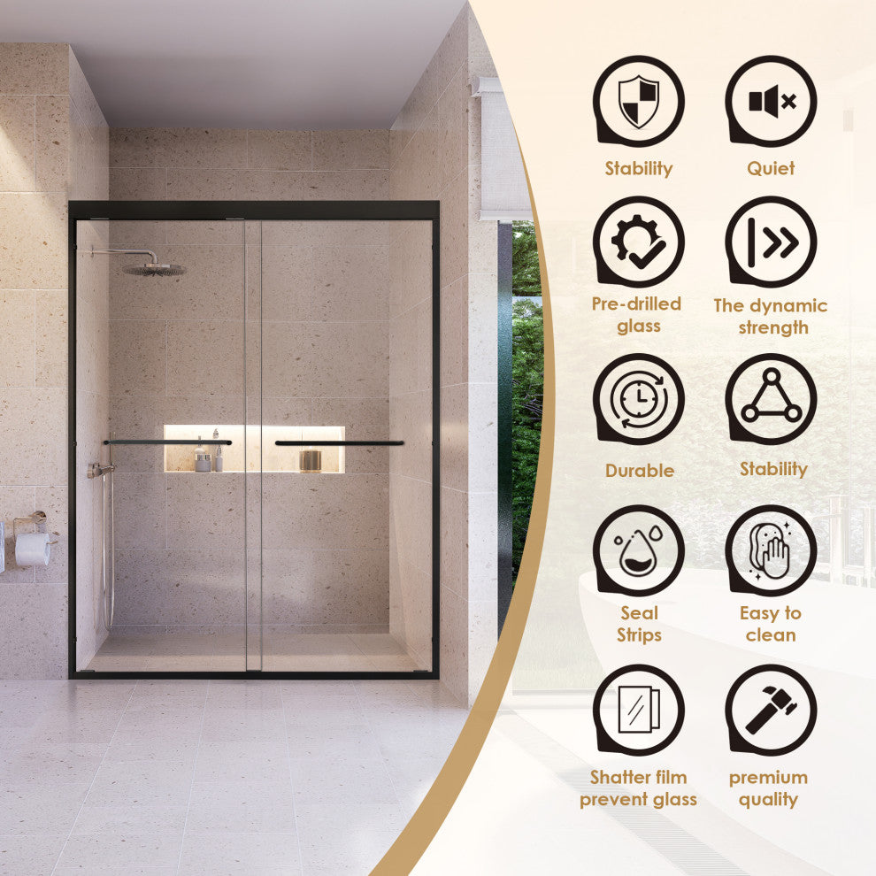 Ennis By Pass Framed Shower Door, Clear Glass, Matte Black, 60" W X 76" H