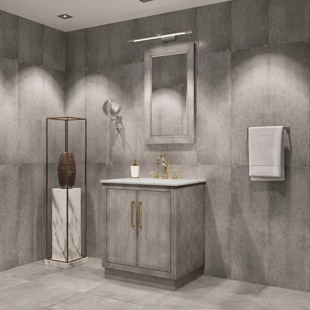 Hugo 30 Single Sink White Marble Countertop Vanity, Gray Oak With Mirror