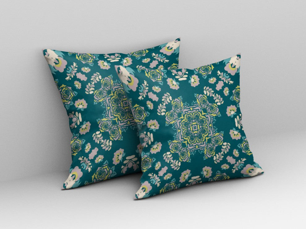 18" Teal Yellow Wreath Indoor Outdoor Zippered Throw Pillow