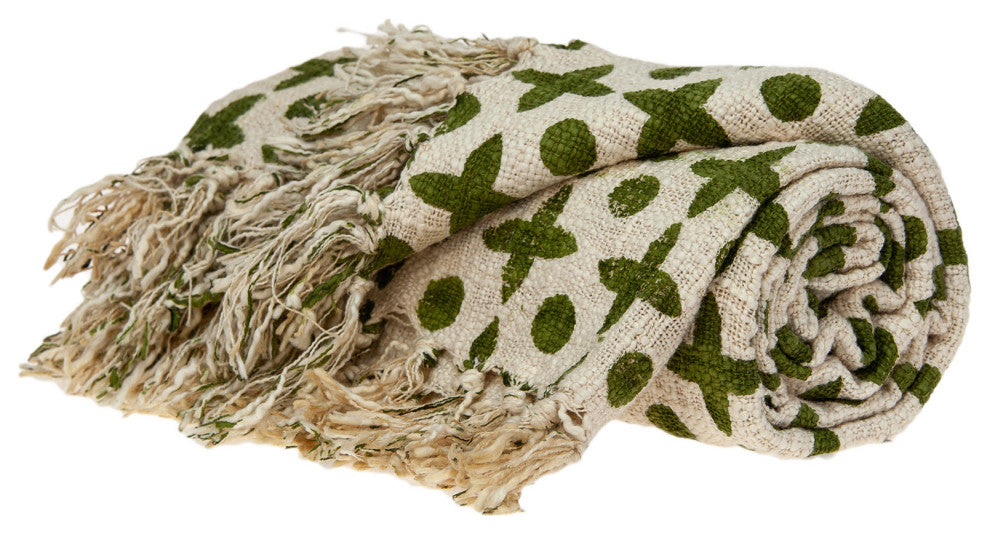 Olive Green and Beige Cotton Woven Handloom Throw