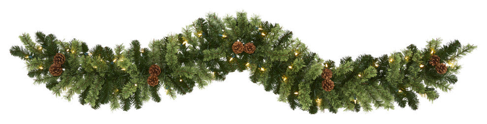 6' Christmas Artificial Garland With 50 Clear LED Lights and Pine Cones