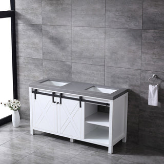 Marsyas 60" White Double Vanity, Gray Quartz Top, White Sinks, No Mirror