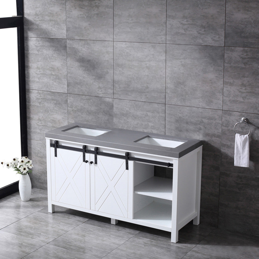 Marsyas 60" White Double Vanity, Gray Quartz Top, White Sinks, No Mirror