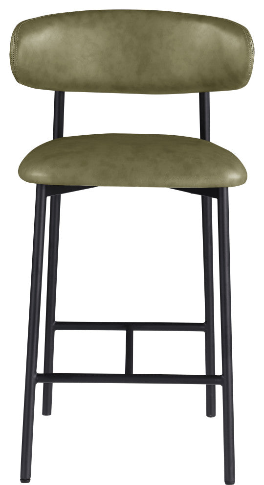Lupita Upholstered Counter Stool, Olive, Vegan Leather, Matte Black, Set of 2