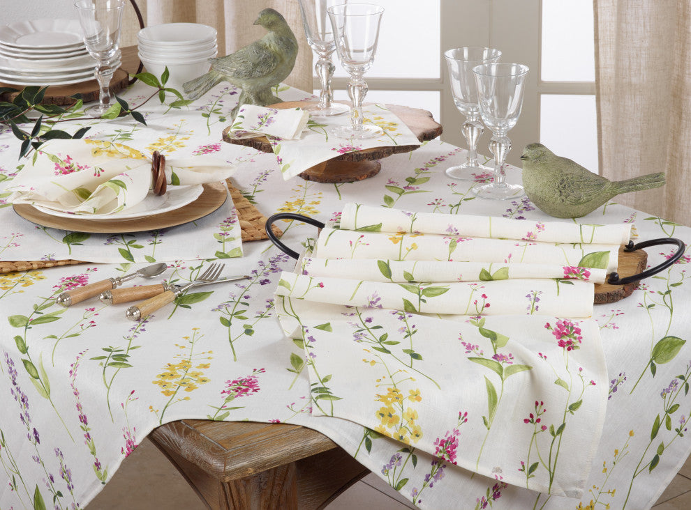 Linen Table Runner With Watercolor Floral Stem Design, Off-White, 16"x72"