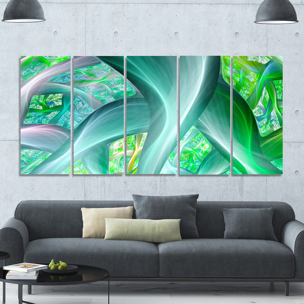 Green Fractal Exotic Plant Stems, Abstract Canvas Art Print, 60"x28", 5 Panels