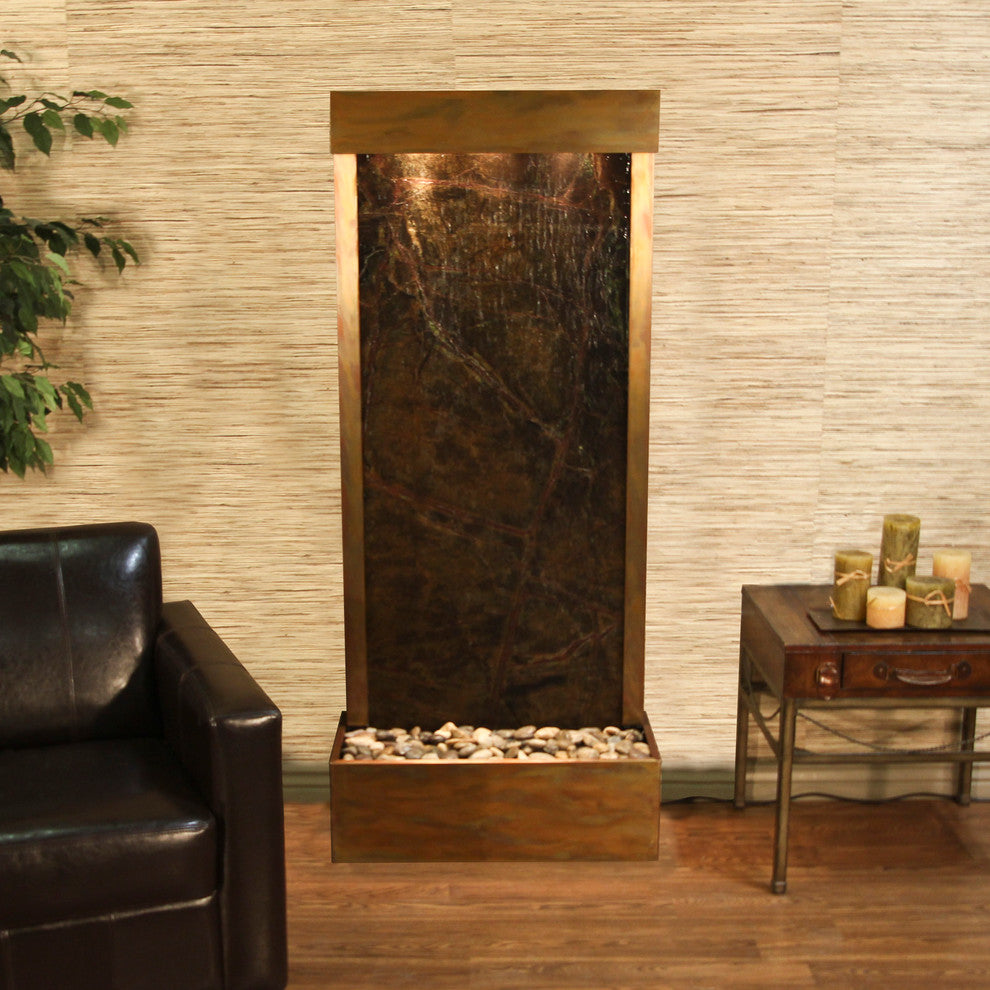 Harmony River Flush Mount Water Fountain, Green Marble, Rustic Copper