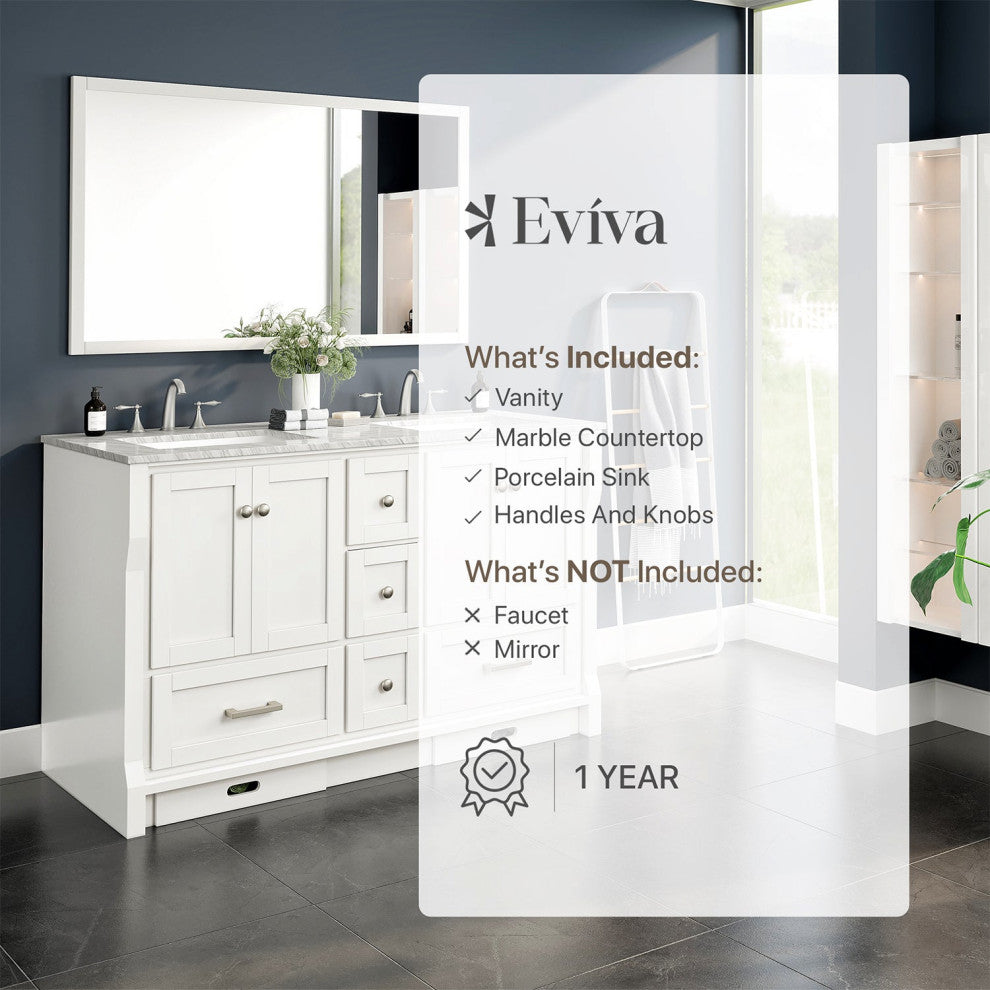 Eviva Booster 60 in. Double Sink Vanity in White White Carrara Marble Countertop
