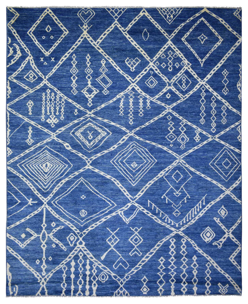 Denim Blue Hand Knotted, Soft and Shiny Wool, Moroccan Berber Rug, 12'3"x14'3"