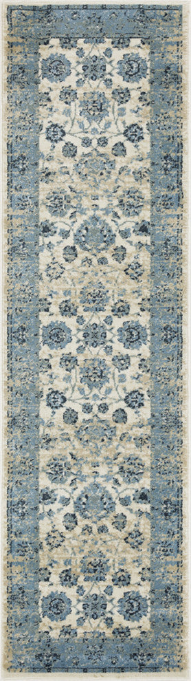 2"x8" Blue Ivory Distressed Oriental Runner Rug
