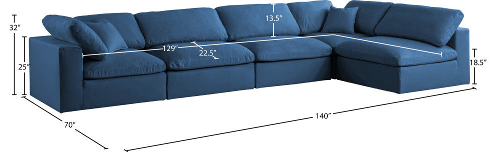 Plush Velvet / Down Standard Comfort L-Shaped Modular Sectional, Navy, 5-Piece: 3 Armless Chair, 2 Corner Chair