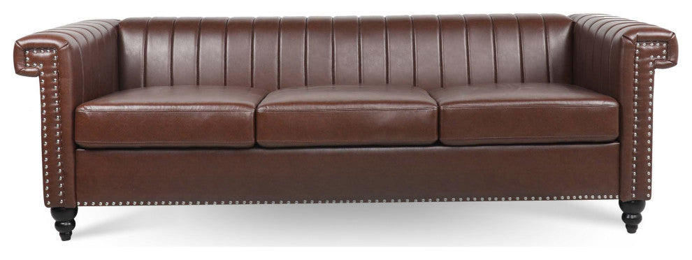 83" Faux leather Square Arm Sofa with Nailhead Trim , Dark Brown