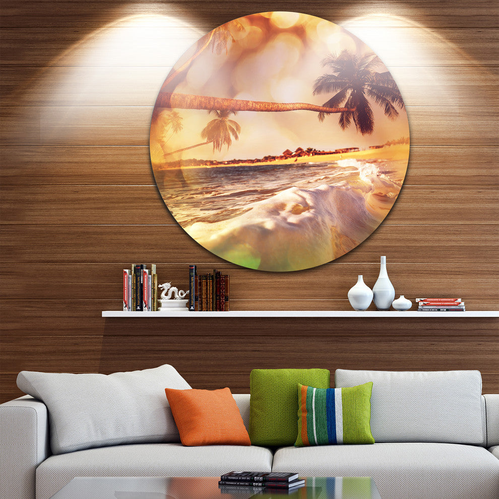 Tropical Beach With Bent Coconut Palms, Beach Disc Metal Wall Art, 36"