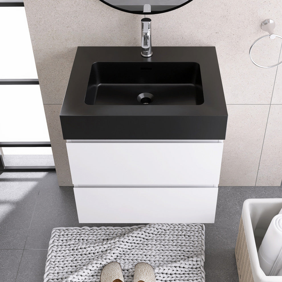 Wood Wall-Mounted Bathroom Vanity Set with Black Integrated Quartz Sand Sink, White, 24"