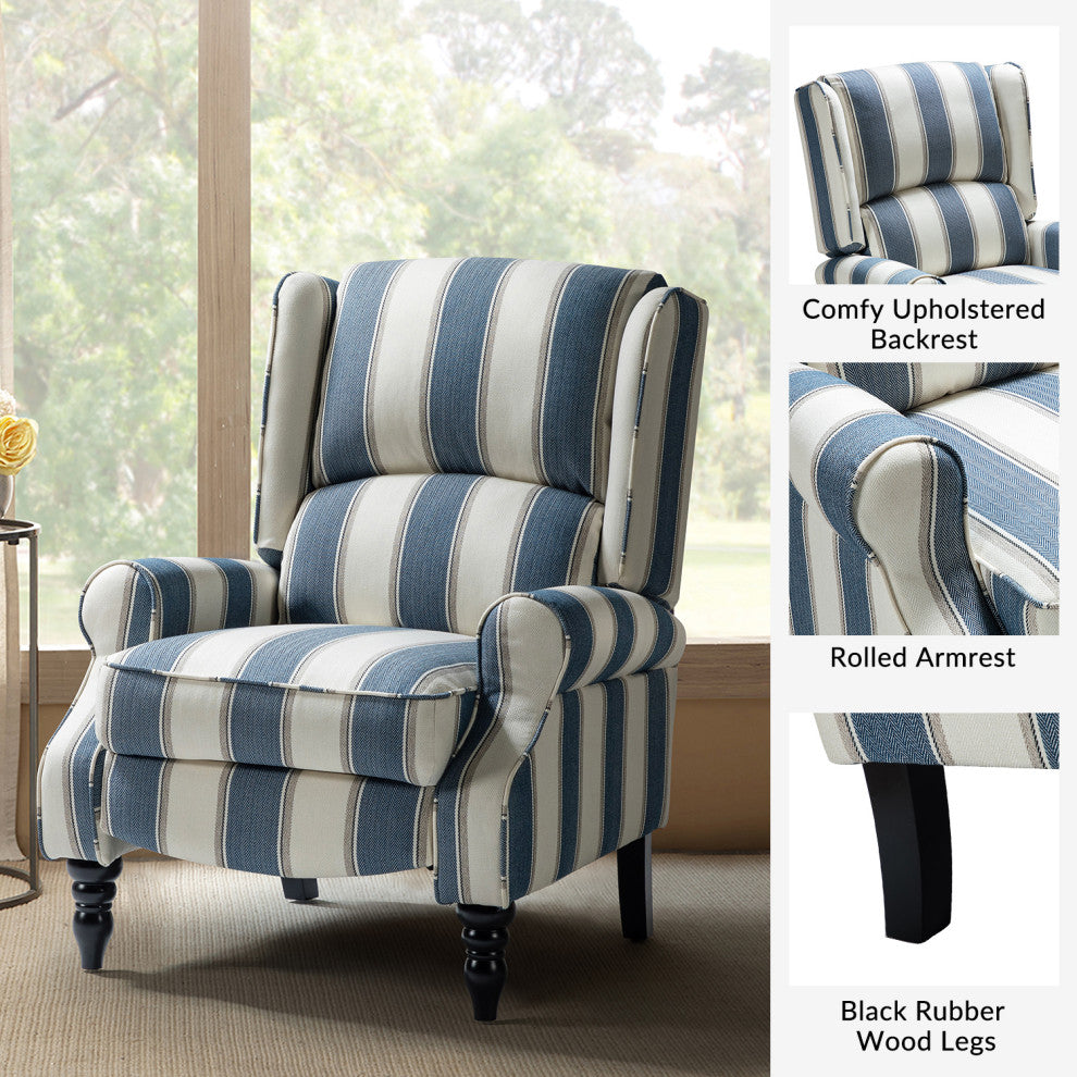 Modern Push-Back Plaid Recliner with Rolled Armrest, Stripe Navy