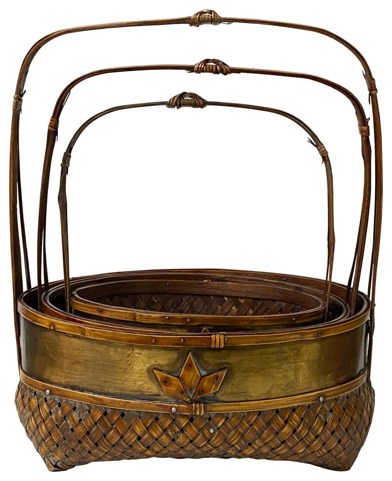 2 x Oriental Oval Brown Rattan Basket with Handle 3 pieces Set Hws1327